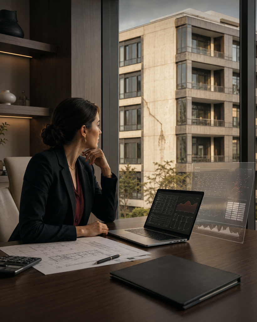 Professional reviewing an apartment investment with financial charts on a laptop and a building outside the window.
