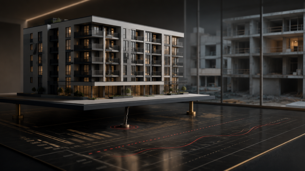 Apartment building model above financial charts, with an unfinished building visible behind it.