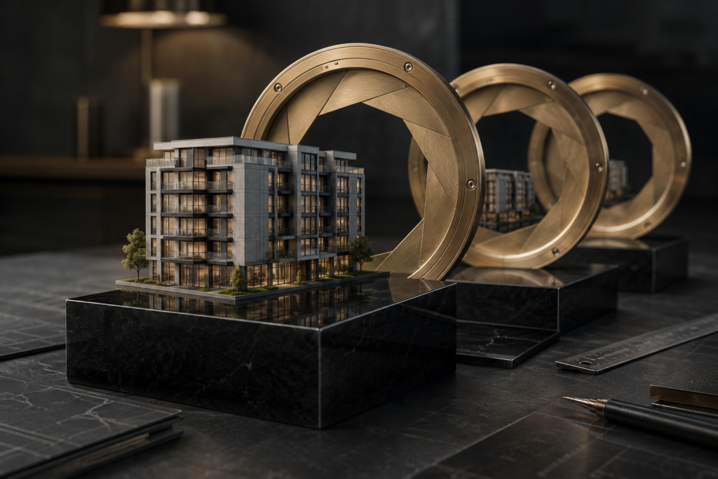 Apartment building models framed by a series of narrowing brass openings, illustrating exit valuation risk.