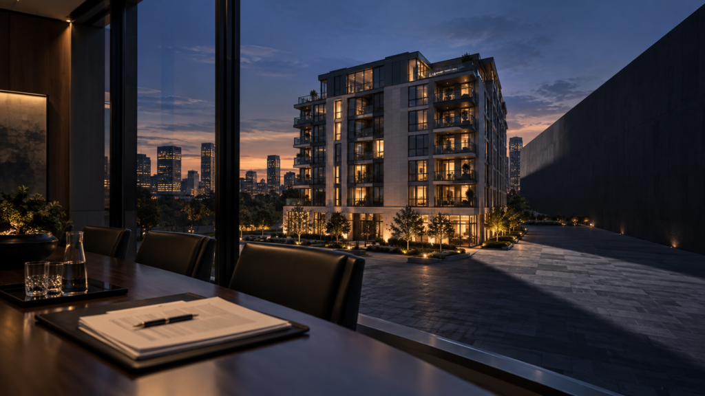 Apartment building at dusk viewed from a desk with financial documents and a pen.