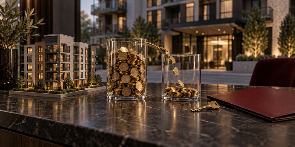 Apartment building model beside two containers with different amounts of coins, illustrating the income impact of rent concessions.