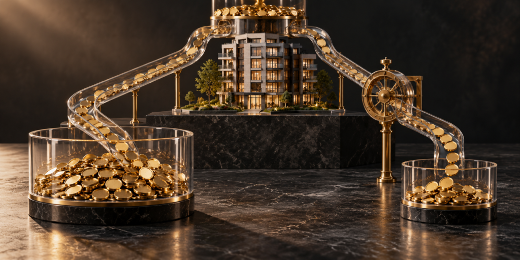 Coins flowing along two separate channels around an apartment building model, illustrating investment profit distributions.
