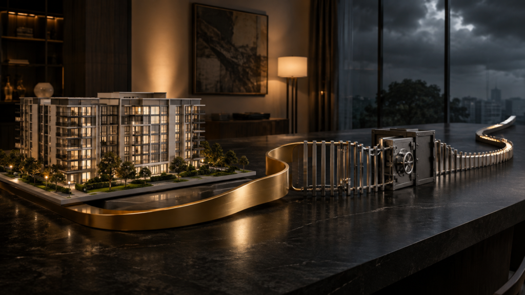 Apartment building model beside a vault mechanism and a winding path under a stormy sky.