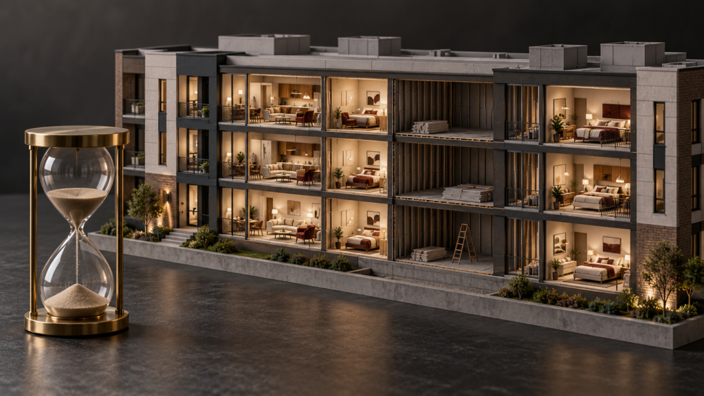 Hourglass beside an apartment building cutaway showing finished and unfinished units, illustrating renovation timing.
