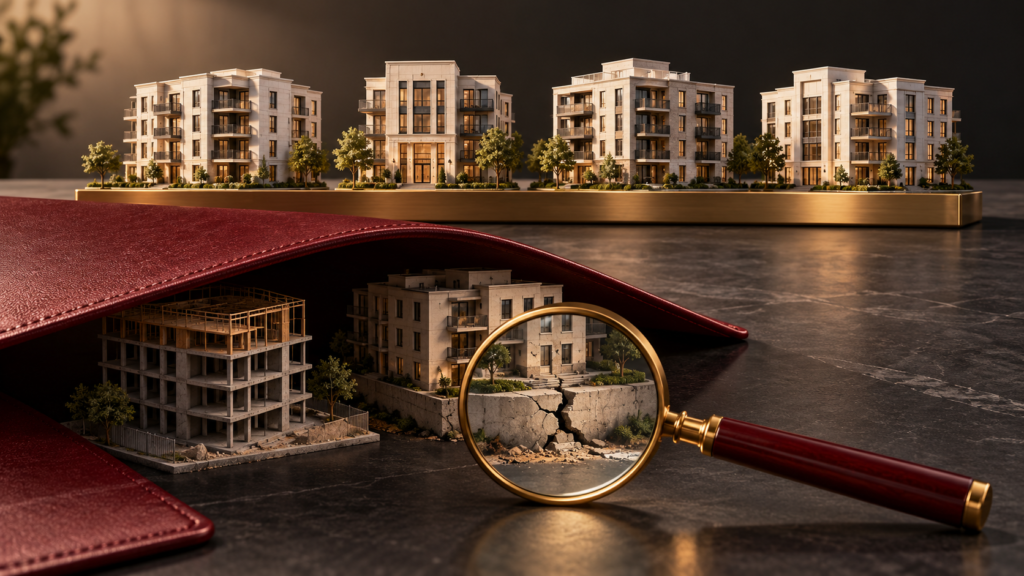Apartment models displayed above a burgundy portfolio, with two concealed properties beneath it and a magnifying glass revealing a cracked foundation, symbolizing hidden risks in a sponsor’s track record.