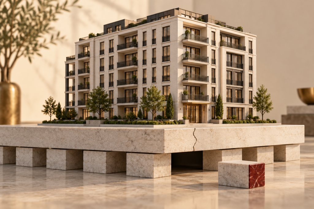 Architectural model of an apartment building on a cracked stone platform with one missing support block, symbolizing how a skipped underwriting step can weaken an investment.